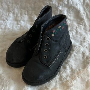 Girls Black Embroidered Ankle Boots with Floral Trim